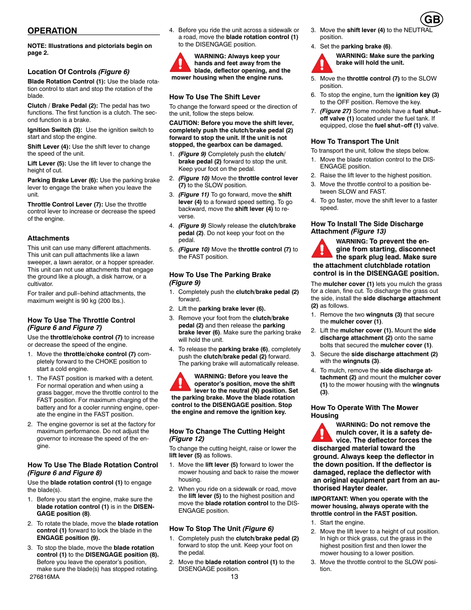 Operation | Hayter Mowers M10/30 User Manual | Page 13 / 36