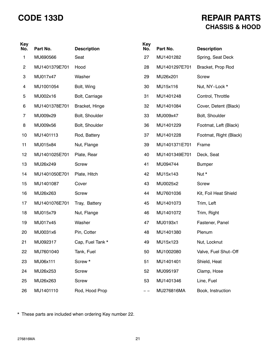 Repair parts code 133d, Chassis & hood | Hayter Mowers M10/30 User Manual | Page 21 / 36