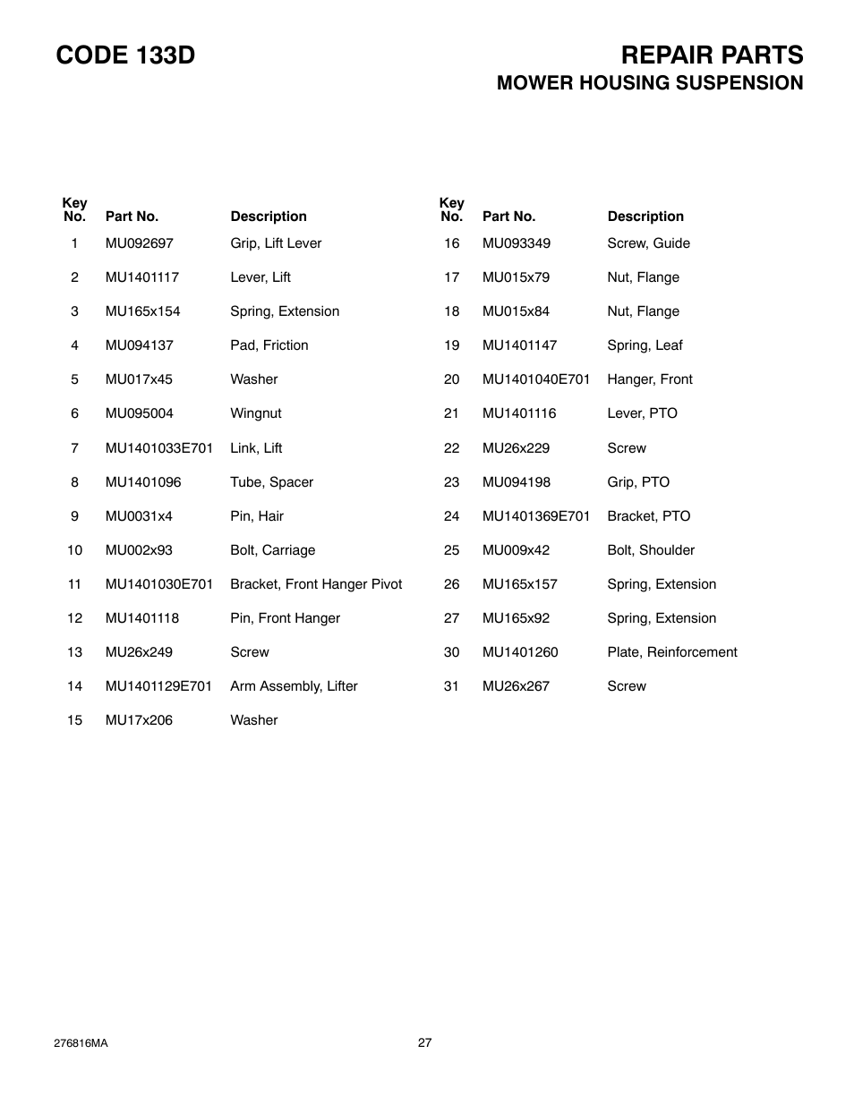 Repair parts code 133d, Mower housing suspension | Hayter Mowers M10/30 User Manual | Page 27 / 36