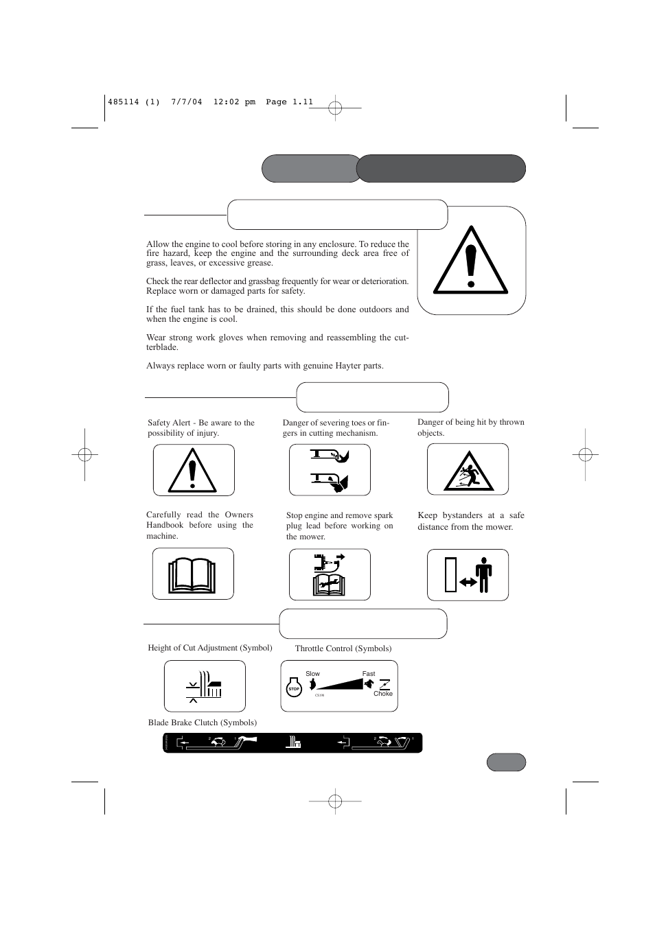 Maintenance & storage safety precautions, Safety symbols, Control symbols | Hayter Mowers harrier 48 485A User Manual | Page 11 / 36