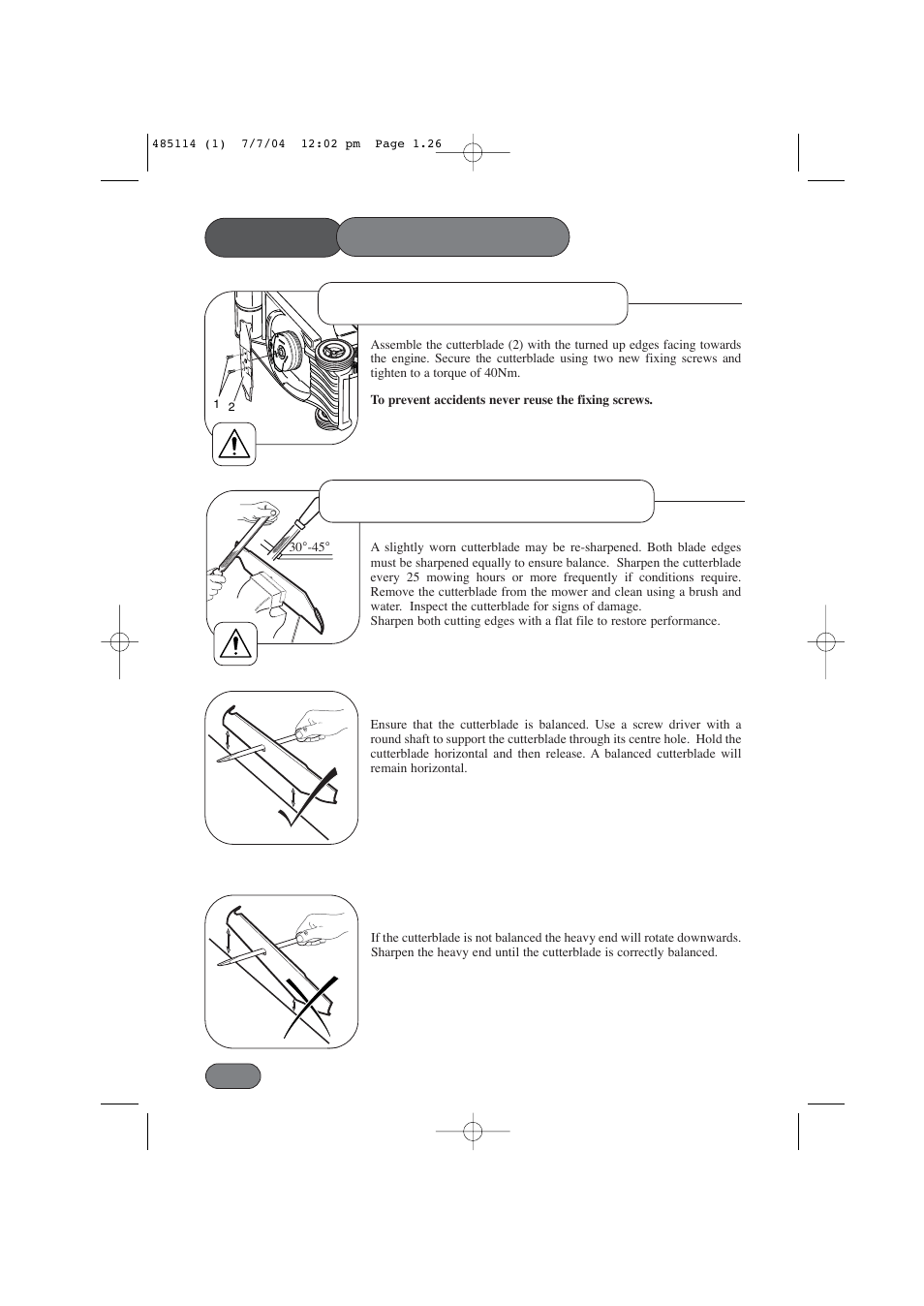 Mower maintenance, Cutterblade sharpening, Cutterblade assembly | Hayter Mowers harrier 48 485A User Manual | Page 26 / 36