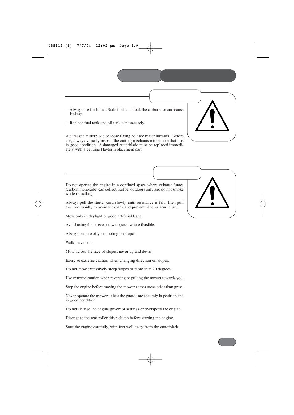 Safety precautions, Operation preparation | Hayter Mowers harrier 48 485A User Manual | Page 9 / 36