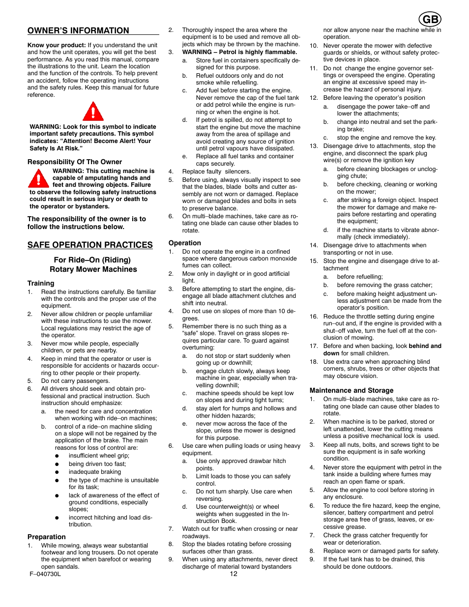 Owner’s information, Safe operation practices | Hayter Mowers Heritige Tractor CODE131B User Manual | Page 12 / 40