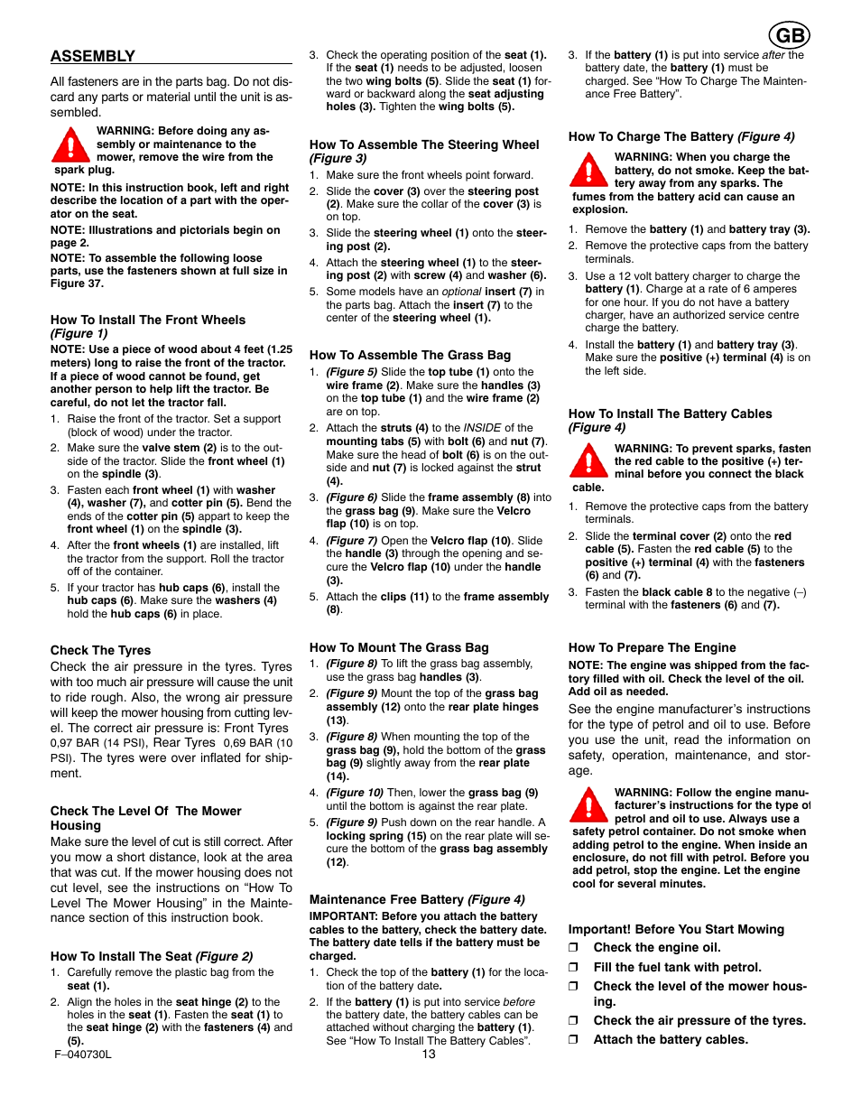 Assembly | Hayter Mowers Heritige Tractor CODE131B User Manual | Page 13 / 40