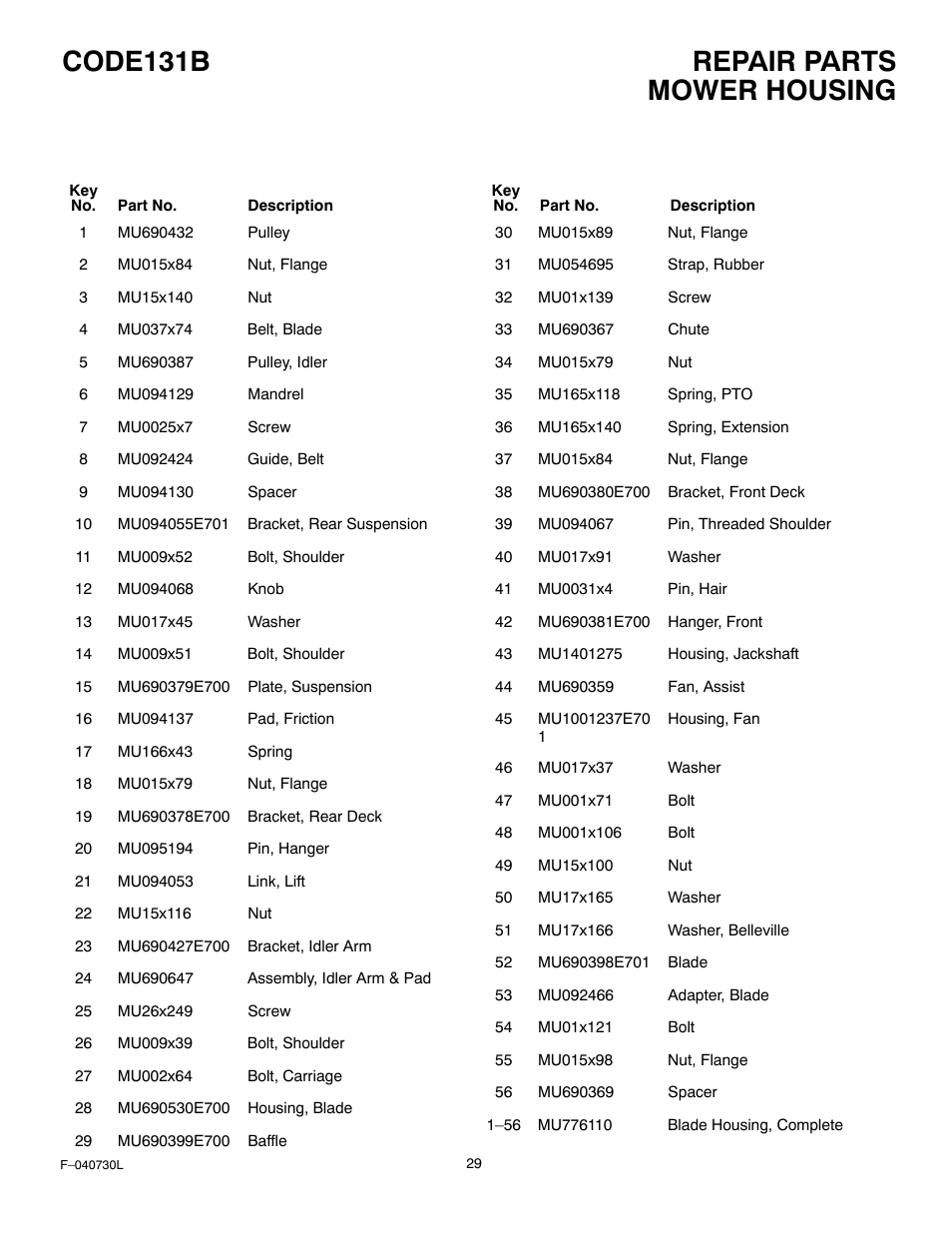 Repair parts code131b, Mower housing | Hayter Mowers Heritige Tractor CODE131B User Manual | Page 29 / 40