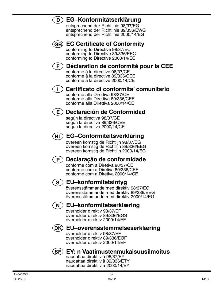 Eg–konformitätserklärung, Ec certificate of conformity, Déclaration de conformité pour la cee | Certificato di conformita’ comunitario, Declaración de conformidad, Eg–conformiteitsverklaring, Eu–konformitetsintyg, Eu–konformitetserklæring, Eu–overensstemmelseserklæring, Ey: n vaatimustenmukaisuusilmoitus | Hayter Mowers Heritige Tractor CODE131B User Manual | Page 37 / 40