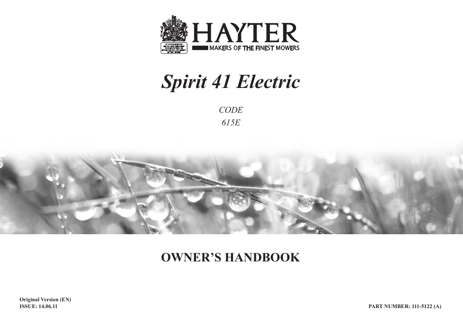 Hayter Mowers Spirit 41 Electric 615E User Manual | 16 pages