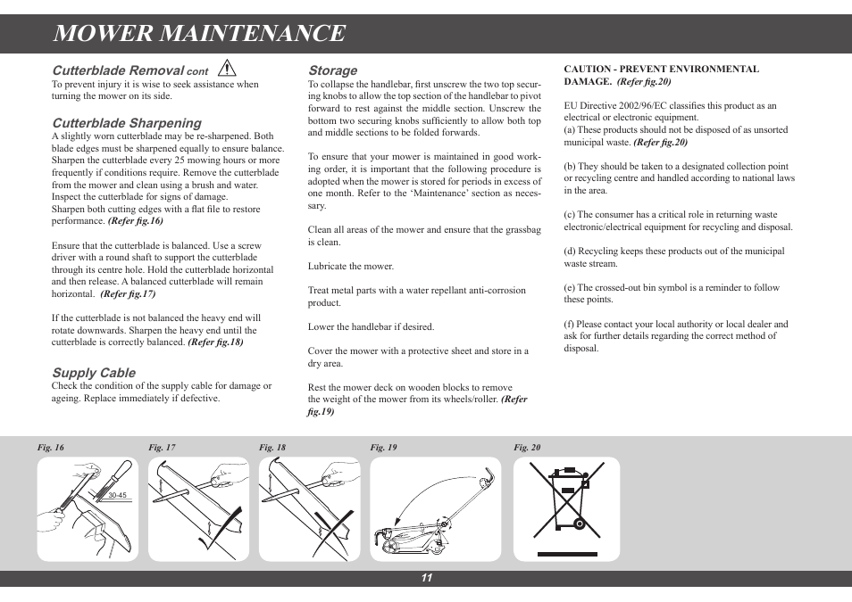 Mower maintenance, Cutterblade removal, Cutterblade sharpening | Supply cable, Storage | Hayter Mowers Spirit 41 Electric 615E User Manual | Page 11 / 16