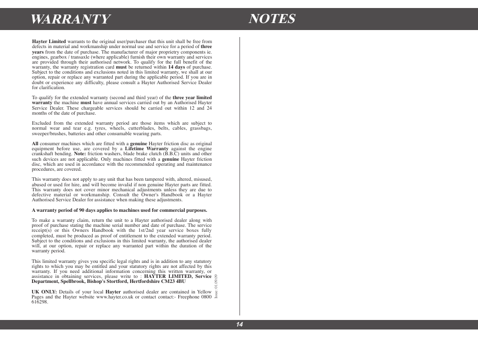 Warranty | Hayter Mowers Spirit 41 Electric 615E User Manual | Page 14 / 16