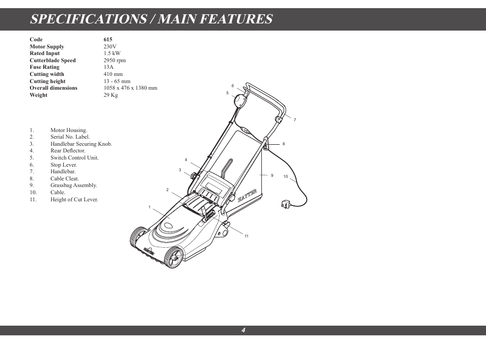 Specifications / main features | Hayter Mowers Spirit 41 Electric 615E User Manual | Page 4 / 16