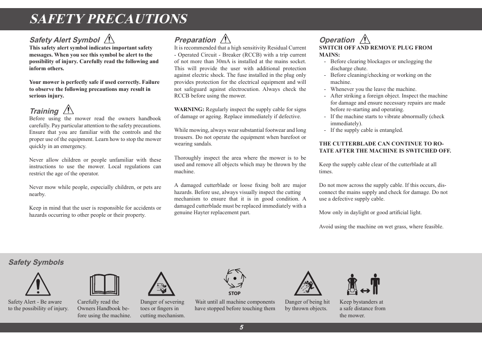 Safety precautions, Safety alert symbol, Training | Preparation, Operation, Safety symbols | Hayter Mowers Spirit 41 Electric 615E User Manual | Page 5 / 16