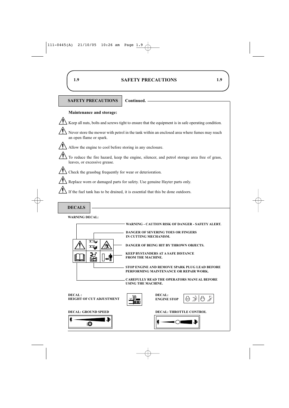 Safety precautions | Hayter Mowers Ranger 53 Pro 396D User Manual | Page 11 / 44