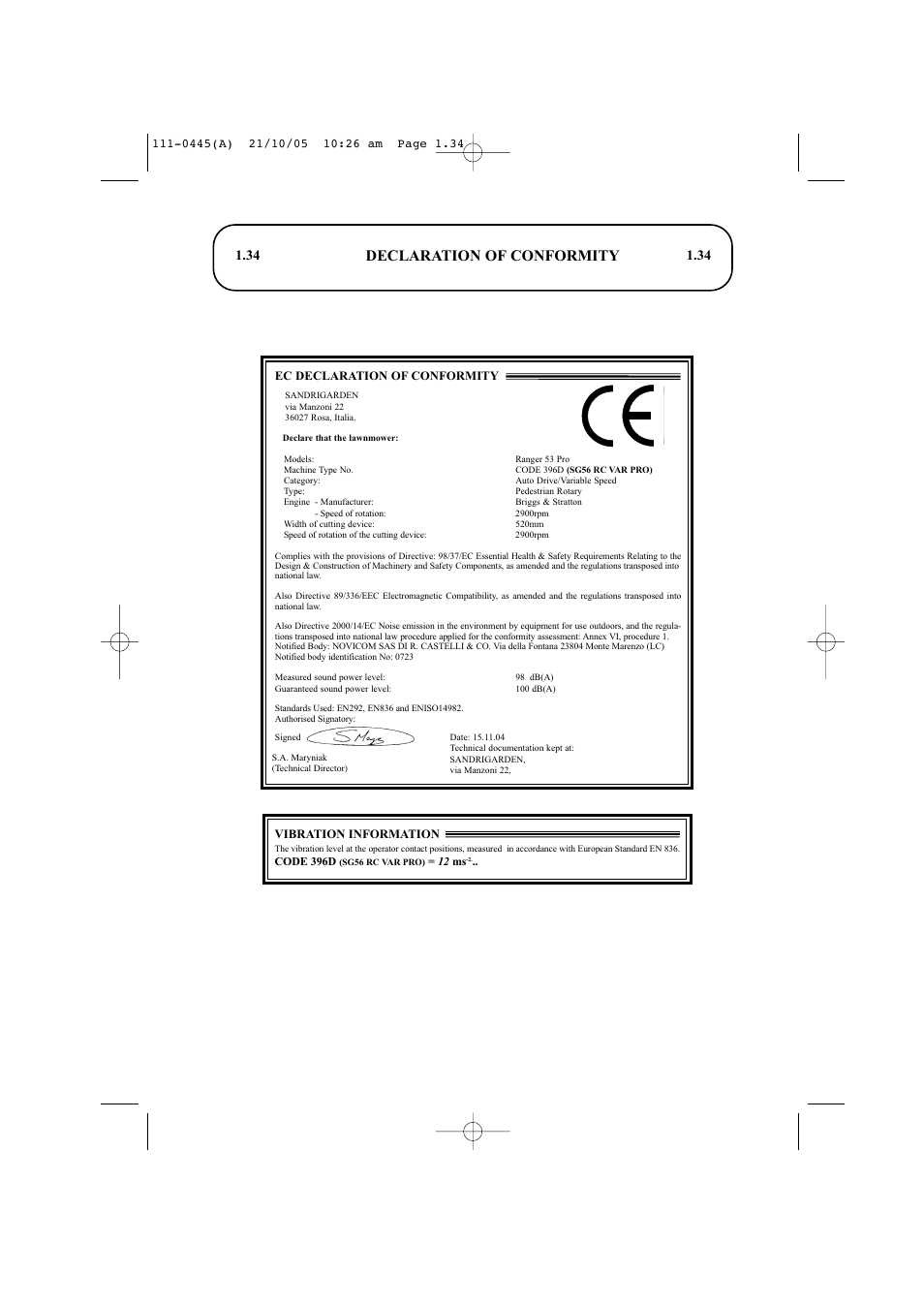 Declaration of conformity | Hayter Mowers Ranger 53 Pro 396D User Manual | Page 36 / 44