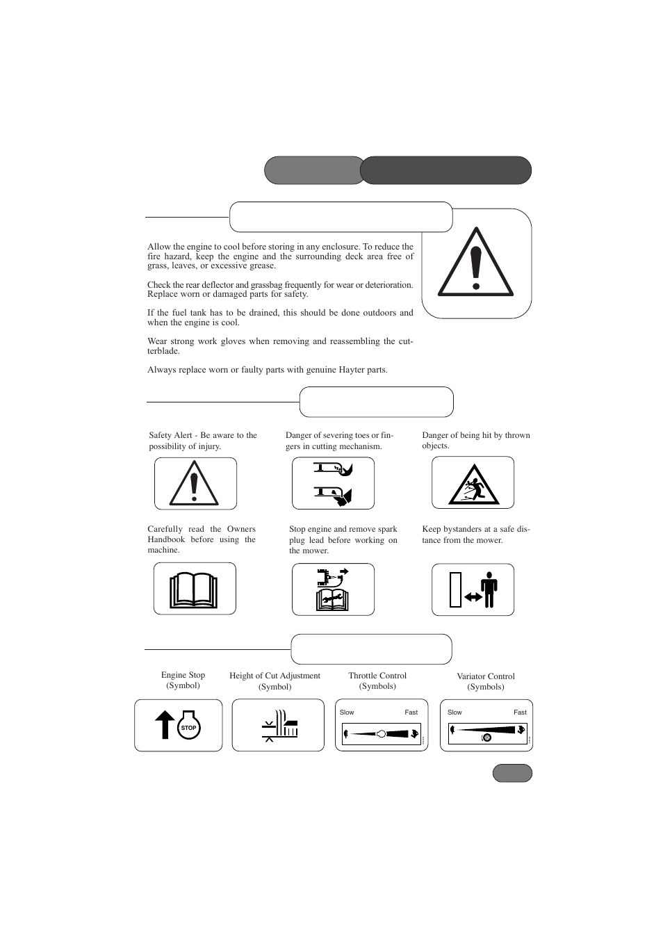 Safety precautions, Maintenance & storage safety symbols, Control symbols | Hayter Mowers RANGER 53 PRO 396E User Manual | Page 11 / 40
