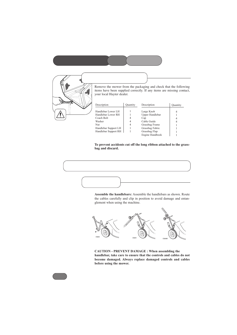 Assembling the mower, Delivery checklist, Handlebar | Assembling the mower for the first time | Hayter Mowers RANGER 53 PRO 396E User Manual | Page 12 / 40