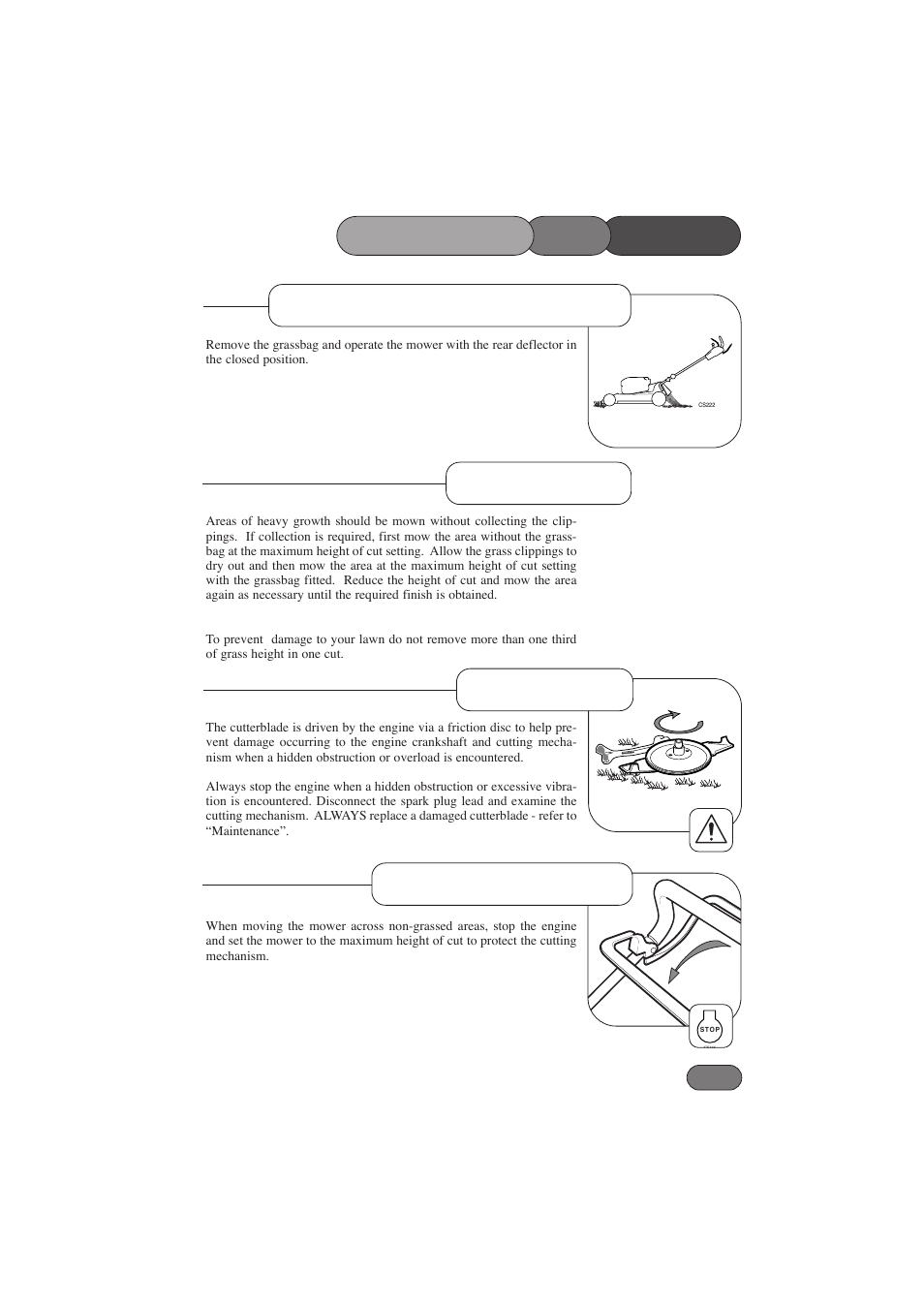 Friction disc non-grassed areas, Mower the operating, Without grass collection | Heavy growth | Hayter Mowers RANGER 53 PRO 396E User Manual | Page 19 / 40