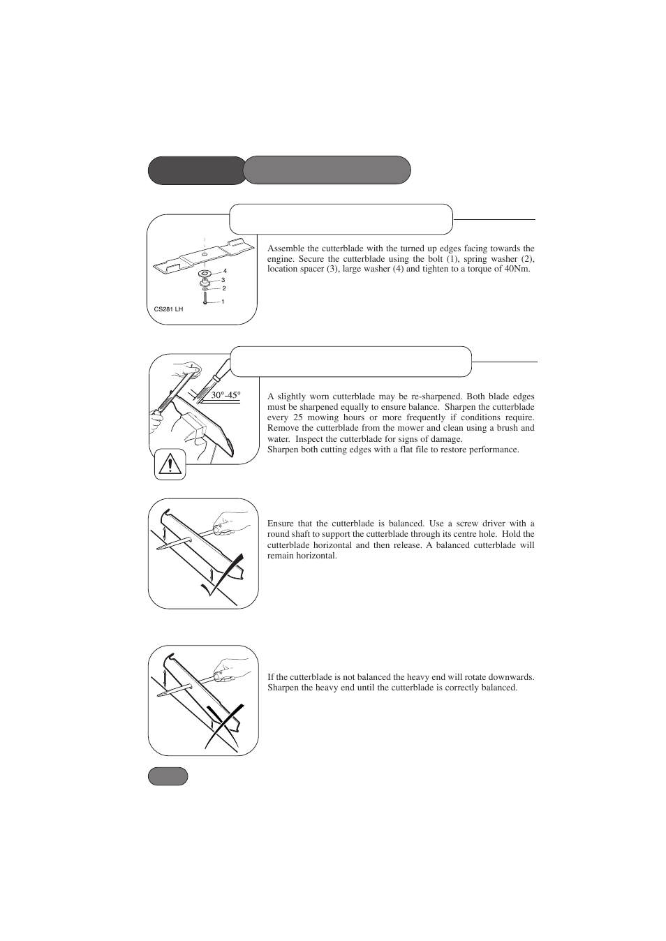 Mower maintenance cutterblade sharpening, Cutterblade assembly | Hayter Mowers RANGER 53 PRO 396E User Manual | Page 28 / 40
