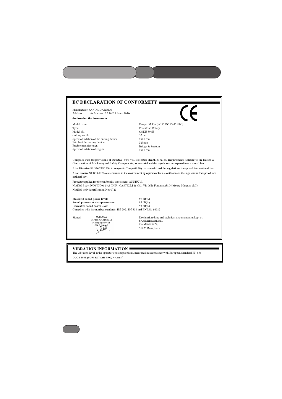 Conformity of declaration | Hayter Mowers RANGER 53 PRO 396E User Manual | Page 32 / 40