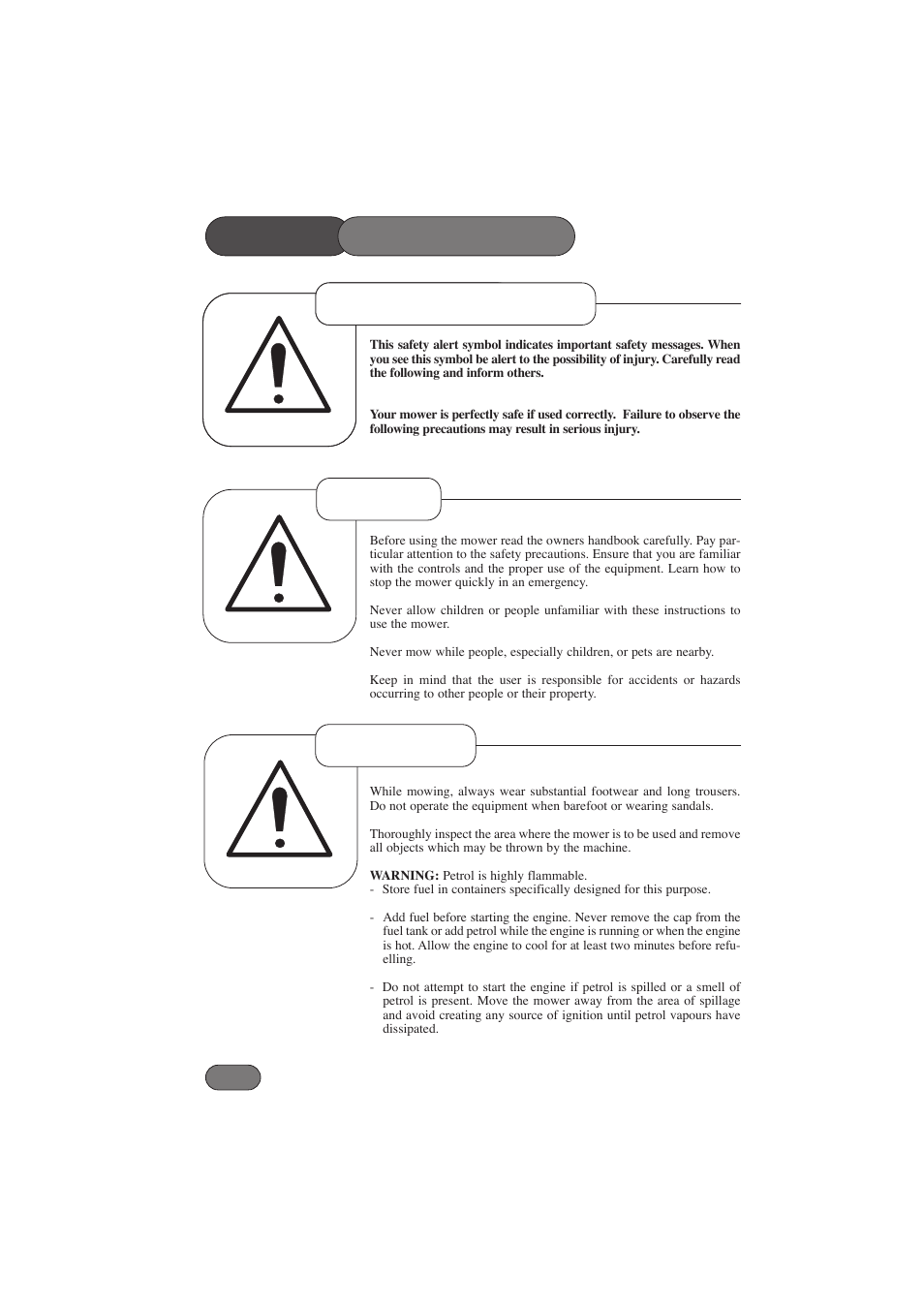 Safety precautions, Safety alert symbol preparation training | Hayter Mowers RANGER 53 PRO 396E User Manual | Page 8 / 40