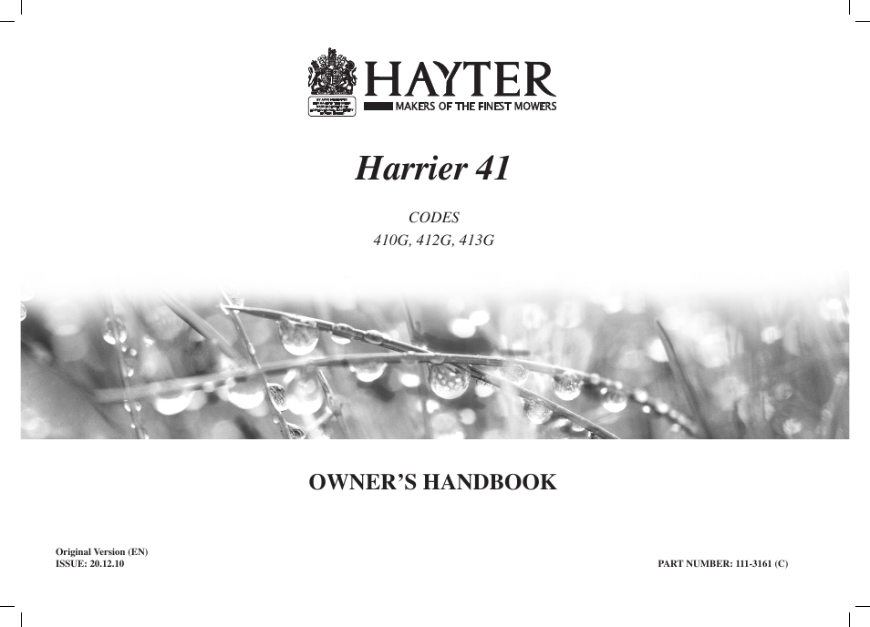 Hayter Mowers Harrier 41 4113G User Manual | 20 pages