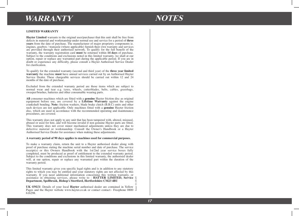 Warranty | Hayter Mowers Harrier 41 4113G User Manual | Page 17 / 20