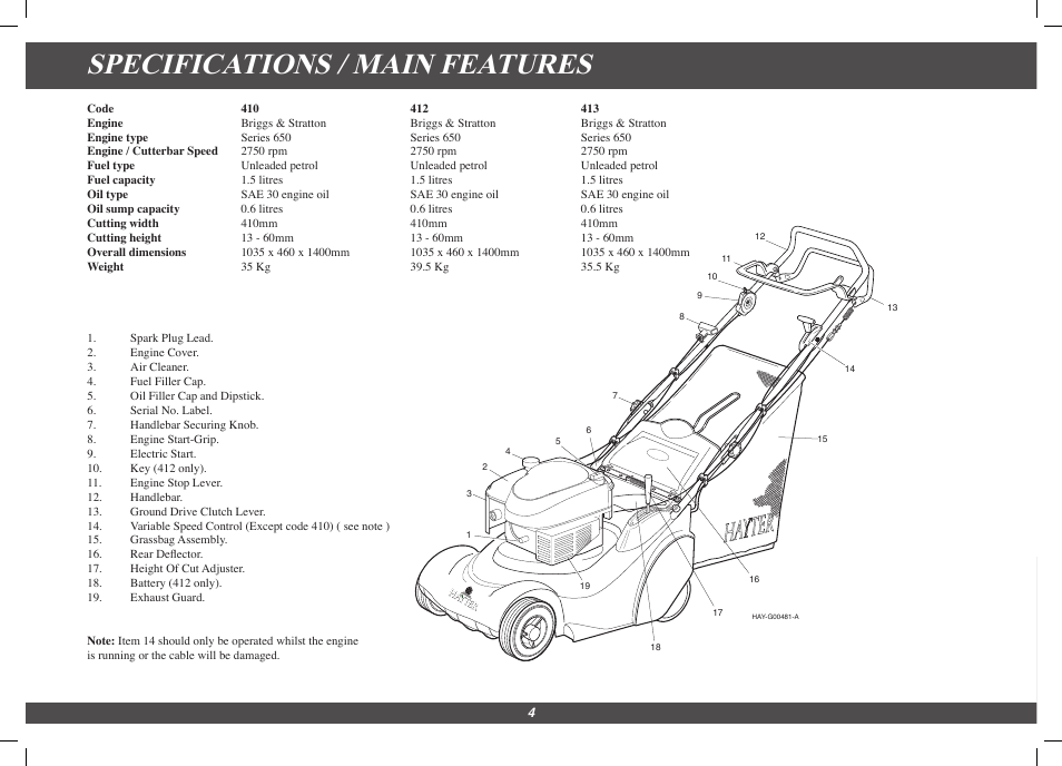 Specifications / main features | Hayter Mowers Harrier 41 4113G User Manual | Page 4 / 20