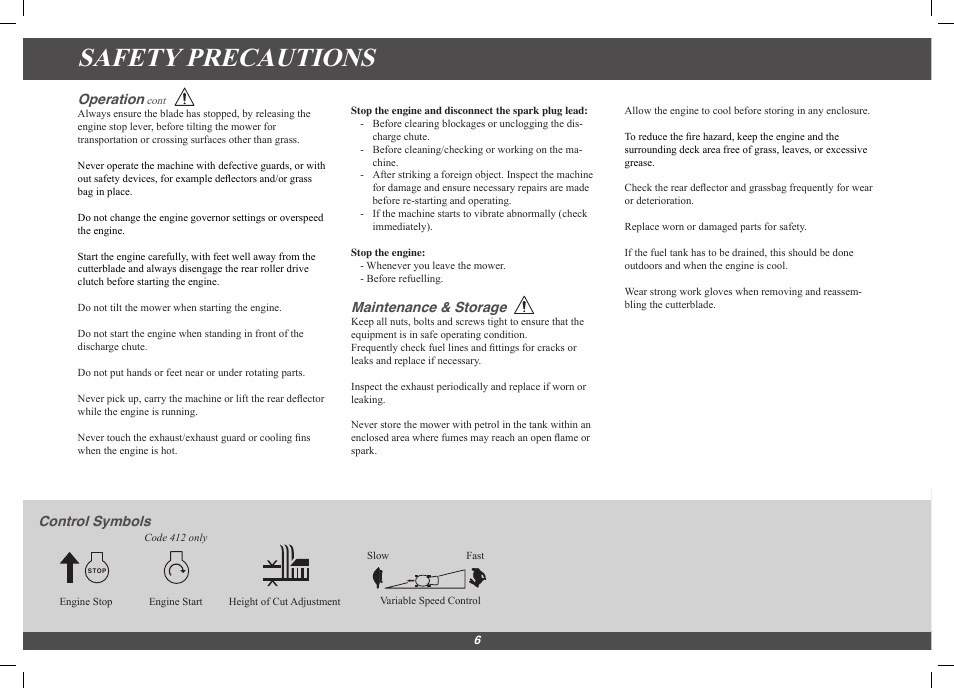 Safety precautions, Operation, Maintenance & storage | Control symbols | Hayter Mowers Harrier 41 4113G User Manual | Page 6 / 20