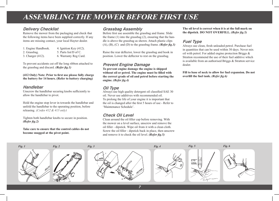 Assembling the mower before first use, Delivery checklist, Handlebar | Grassbag assembly, Prevent engine damage, Oil type, Check oil level, Fuel type | Hayter Mowers Harrier 41 4113G User Manual | Page 7 / 20