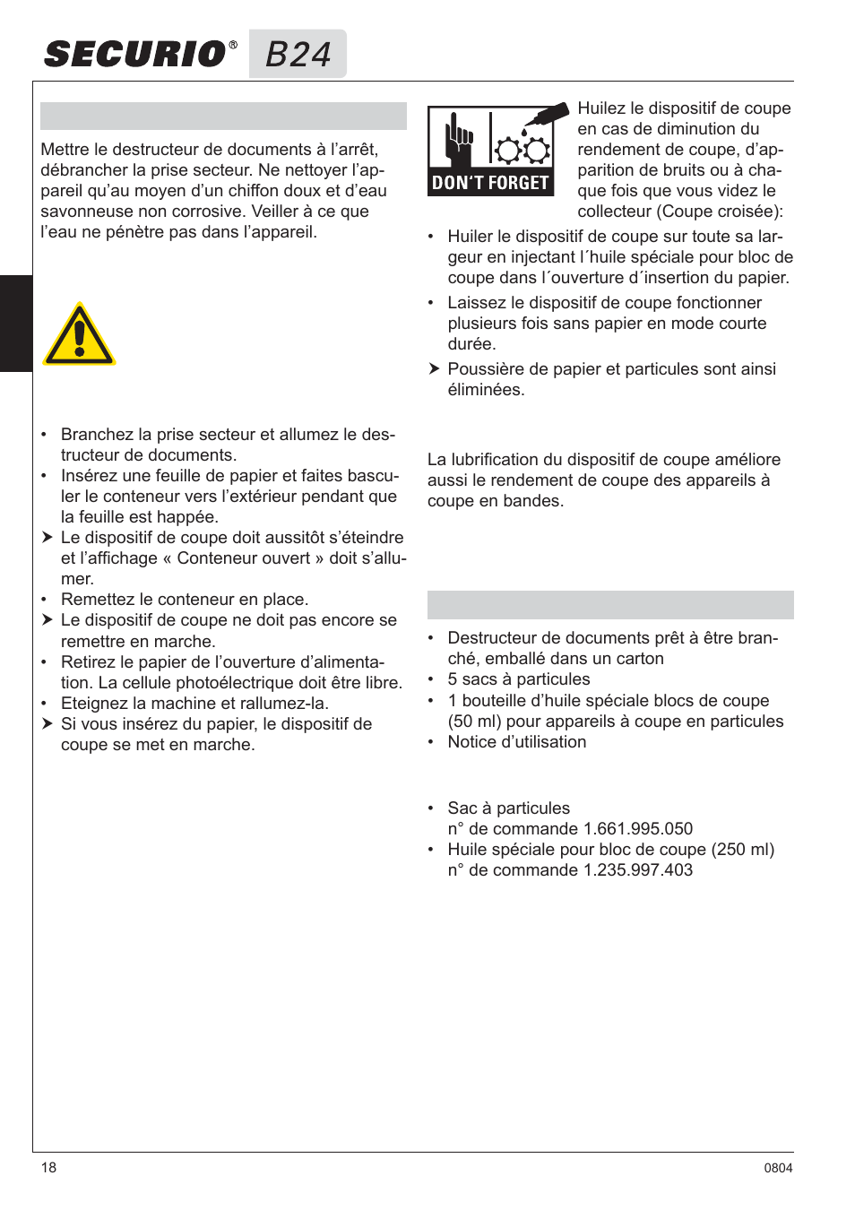 6 entretien et maintenance, 7 contenu de la livraison | HSM Securio B24 User Manual | Page 18 / 67