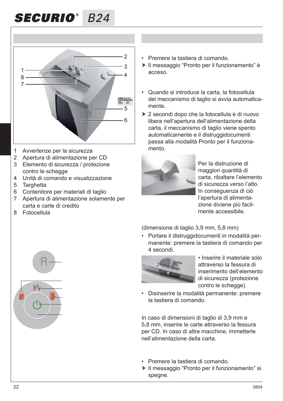 3 panoramica, 4 comando elementi di comando e visualiz- zazione | HSM Securio B24 User Manual | Page 22 / 67