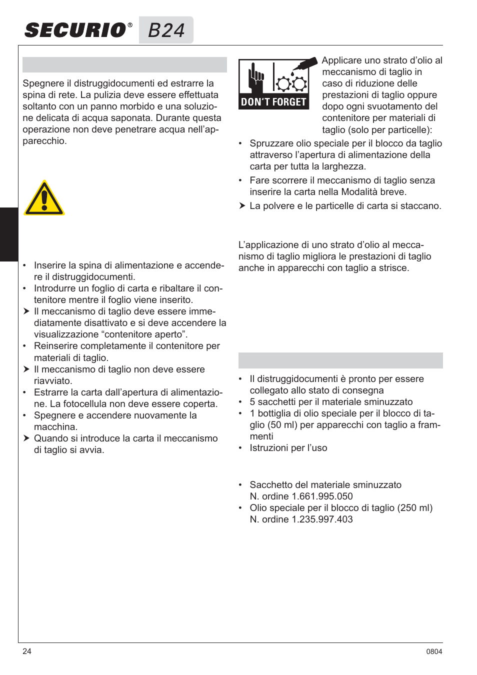 6 pulizia e cura, 7 fornitura | HSM Securio B24 User Manual | Page 24 / 67