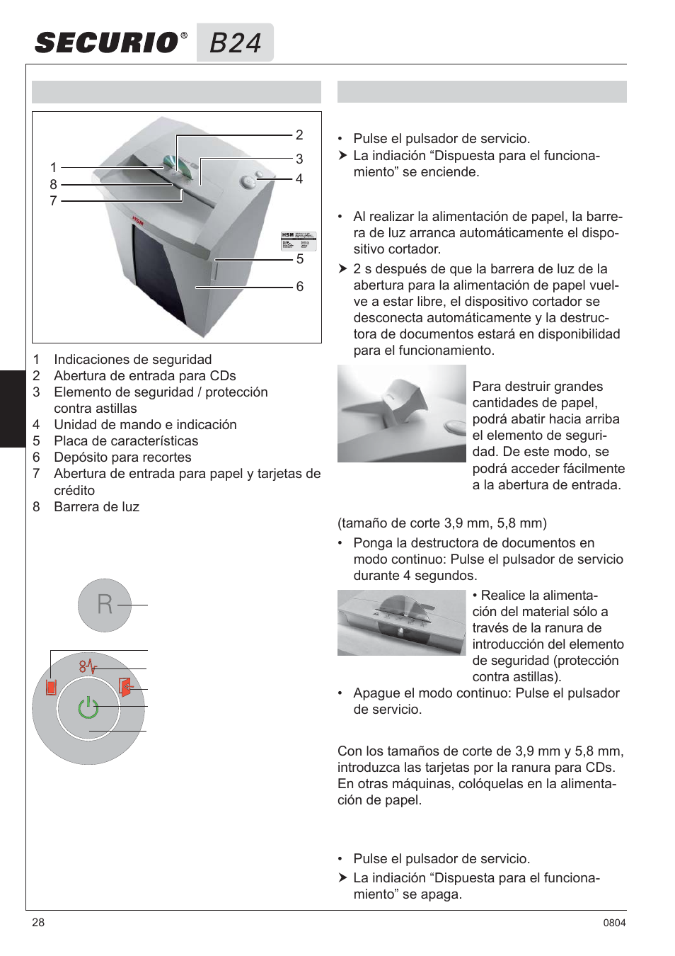 3 vista general, 4 manejo elementos de mando e indicación | HSM Securio B24 User Manual | Page 28 / 67