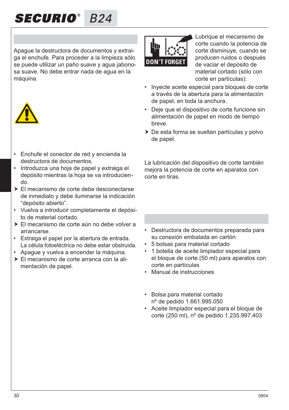 6 limpieza y mantenimiento, 7 volumen de suministro | HSM Securio B24 User Manual | Page 30 / 67