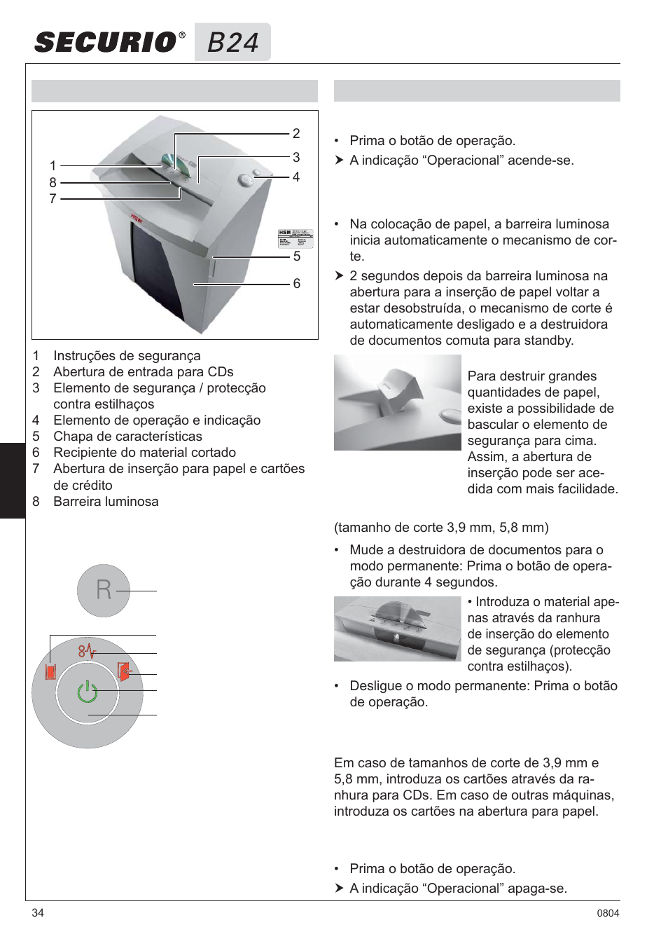 3 vista geral, 4 operação elementos de operação e indicação | HSM Securio B24 User Manual | Page 34 / 67