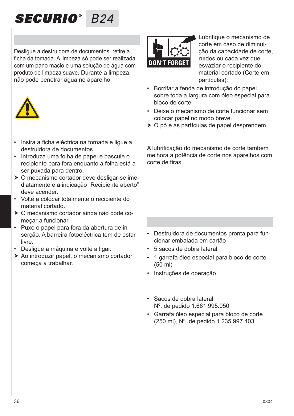 6 limpeza e conservação, 7 volume do fornecimento | HSM Securio B24 User Manual | Page 36 / 67