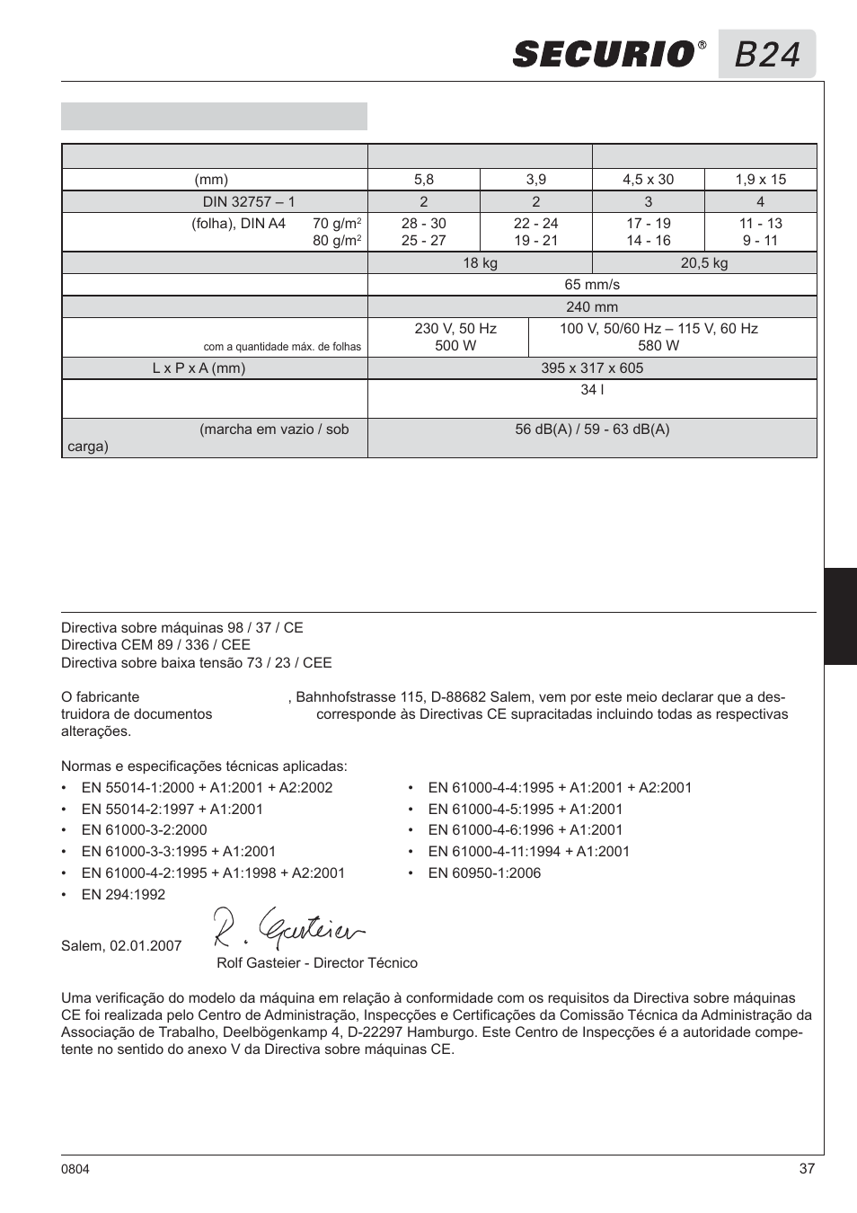 8 dados técnicos, Declaração de conformidade ce | HSM Securio B24 User Manual | Page 37 / 67