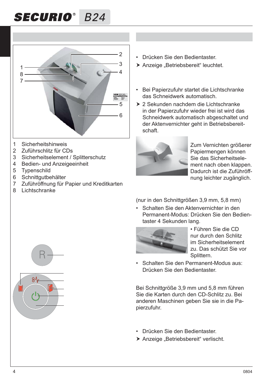 4 bedienung 3 übersicht, Bedien- und anzeigeelemente | HSM Securio B24 User Manual | Page 4 / 67
