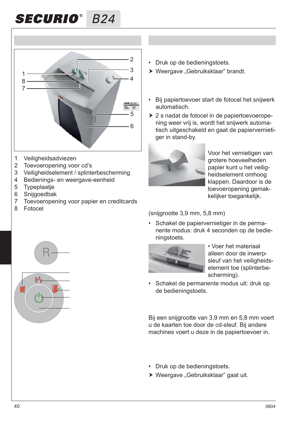 3 overzicht, 4 bediening bedienings- en weergave-elementen | HSM Securio B24 User Manual | Page 40 / 67
