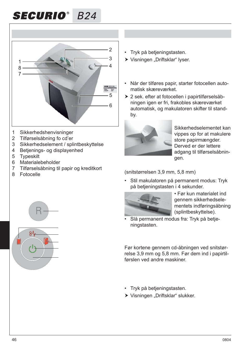 3 oversigt, 4 betjening betjenings- og displayelementer | HSM Securio B24 User Manual | Page 46 / 67