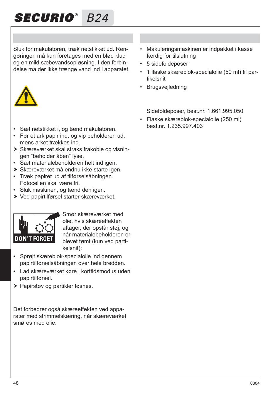 6 rengøring og vedligeholdelse, 7 leverance | HSM Securio B24 User Manual | Page 48 / 67