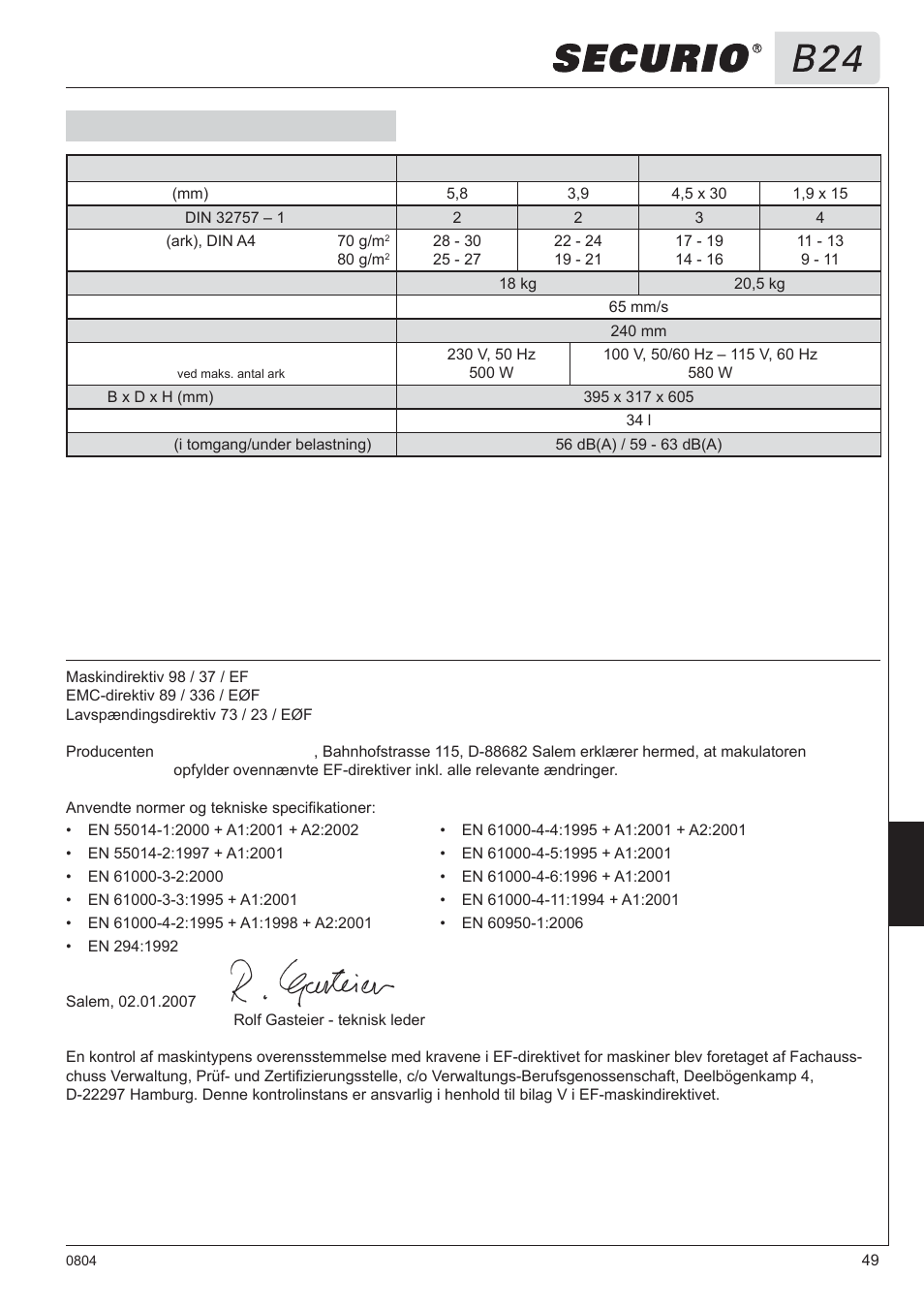 8 tekniske data, Eg-konformitetserklæring | HSM Securio B24 User Manual | Page 49 / 67