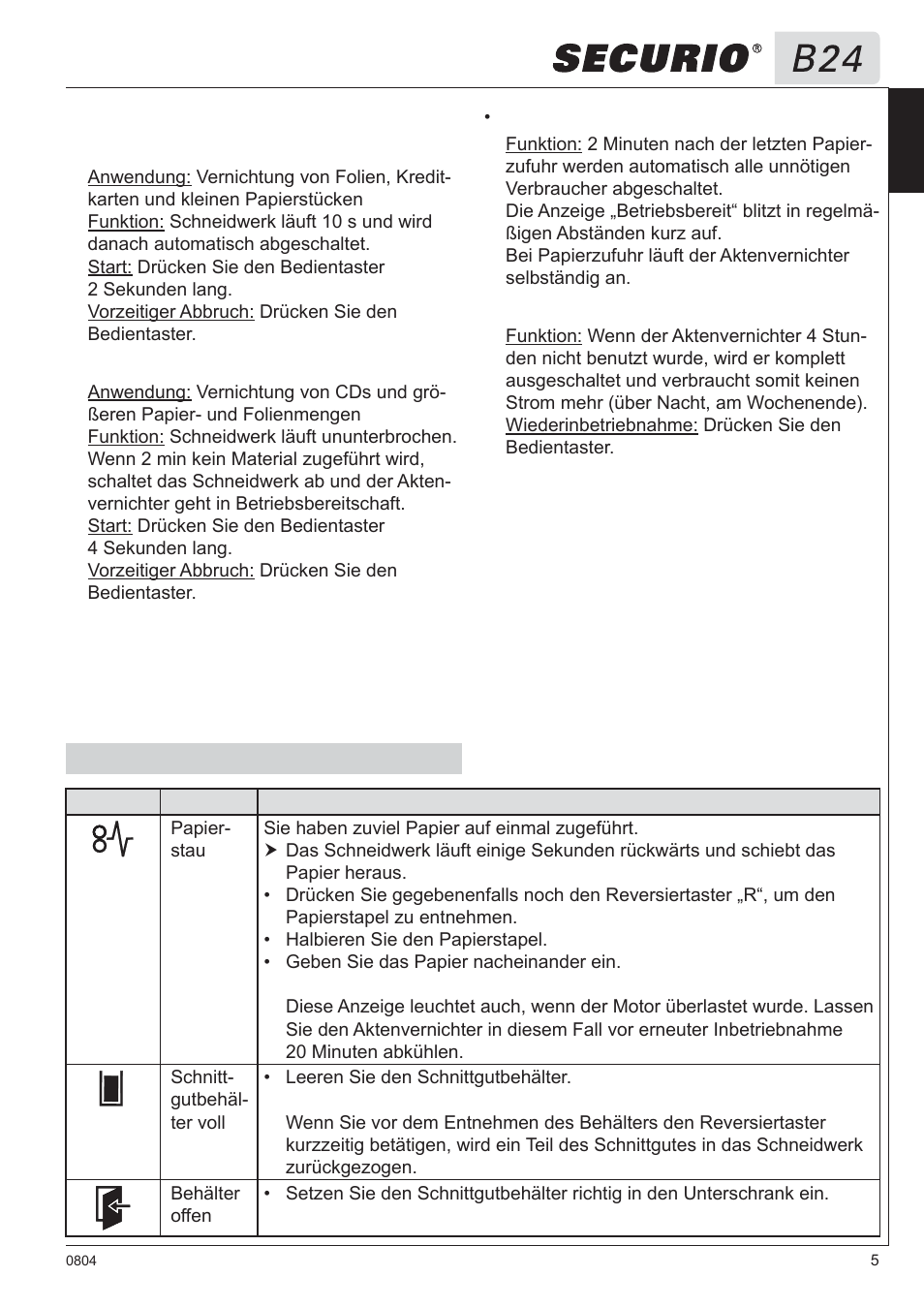 5 störungsbeseitigung | HSM Securio B24 User Manual | Page 5 / 67
