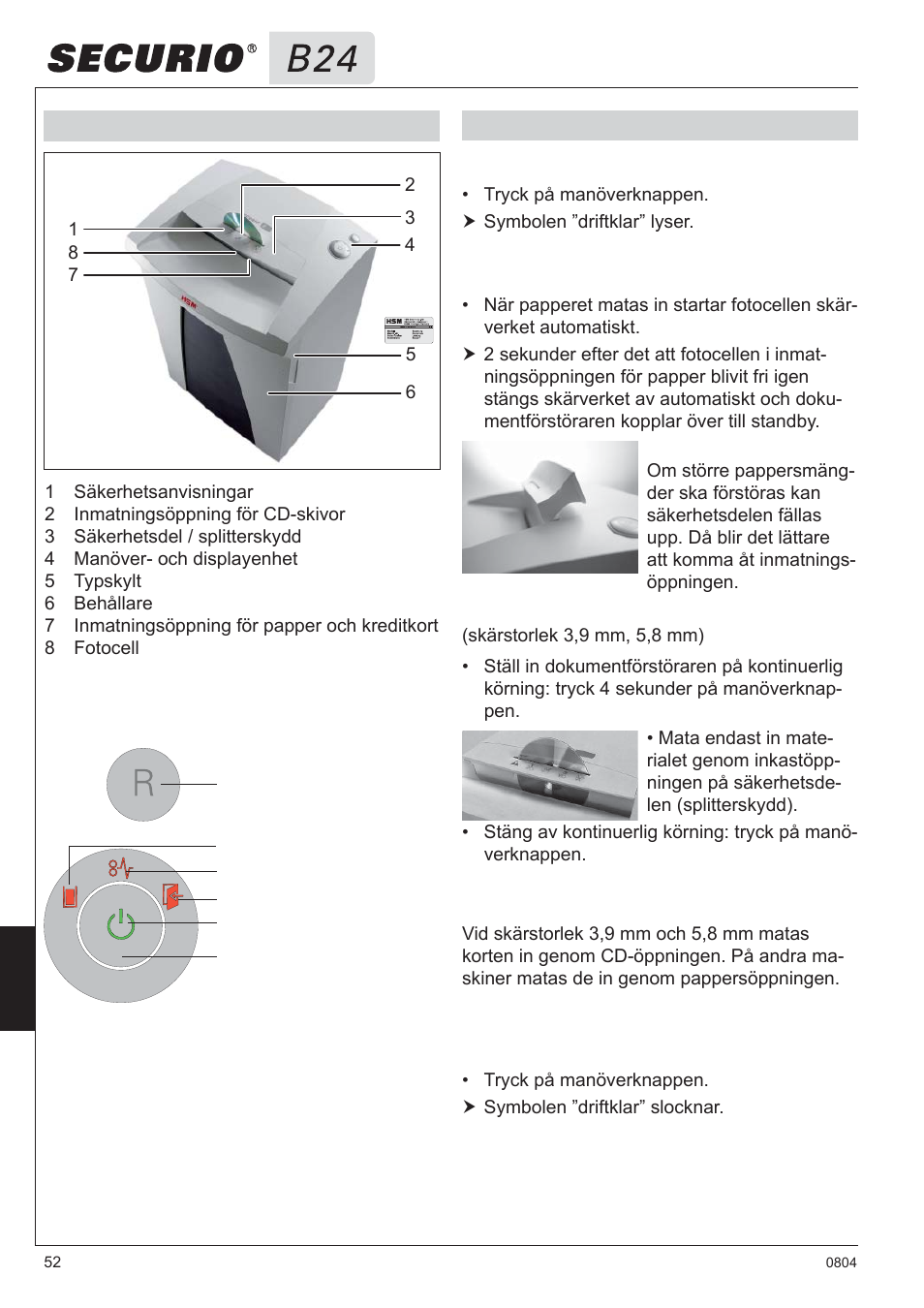 3 översikt, 4 handhavande manöver- och displayelement | HSM Securio B24 User Manual | Page 52 / 67
