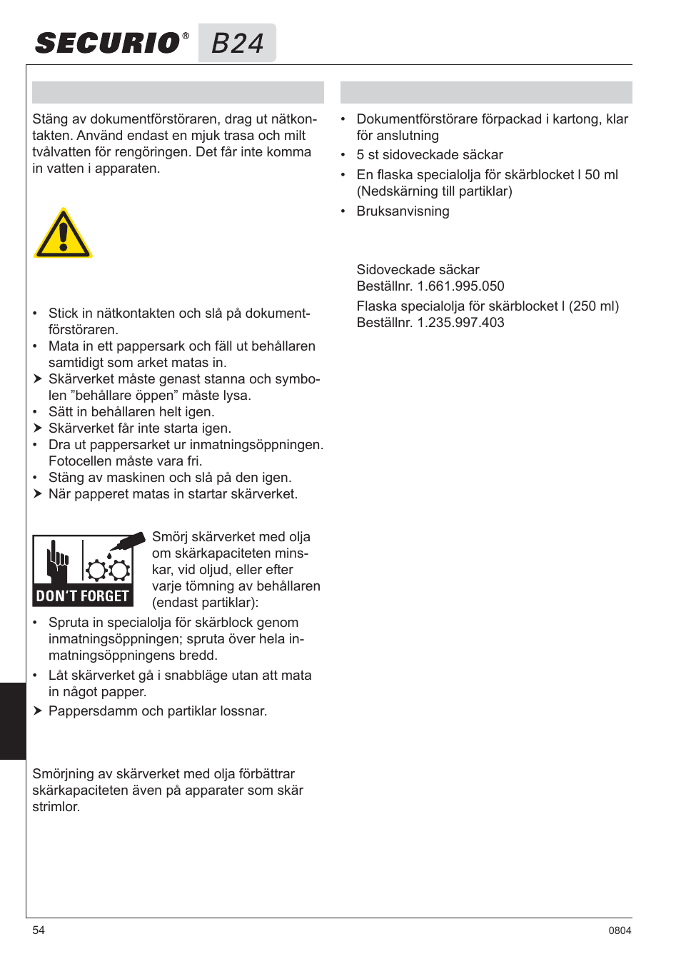 6 rengöring och underhåll, 7 leveransomfång | HSM Securio B24 User Manual | Page 54 / 67