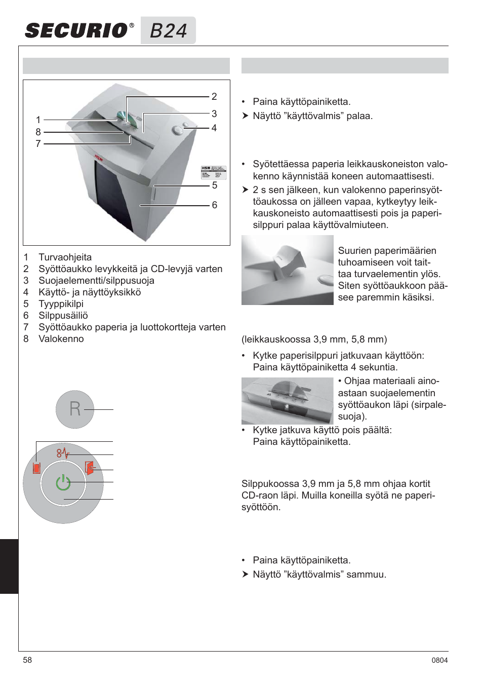 3 yleiskatsaus, 4 käyttö käyttö- ja näyttölaitteet | HSM Securio B24 User Manual | Page 58 / 67