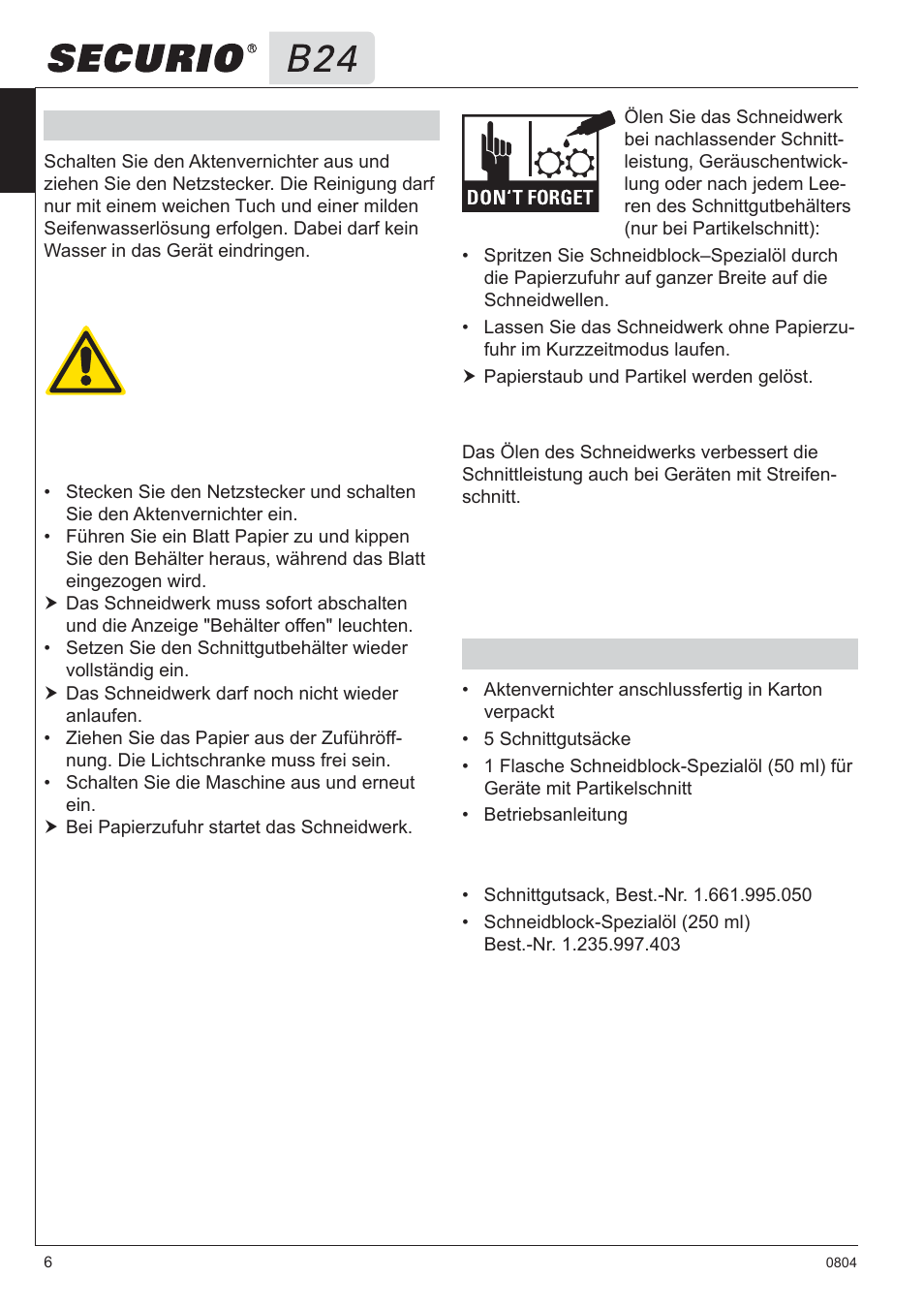 7 lieferumfang, 6 reinigung und wartung | HSM Securio B24 User Manual | Page 6 / 67