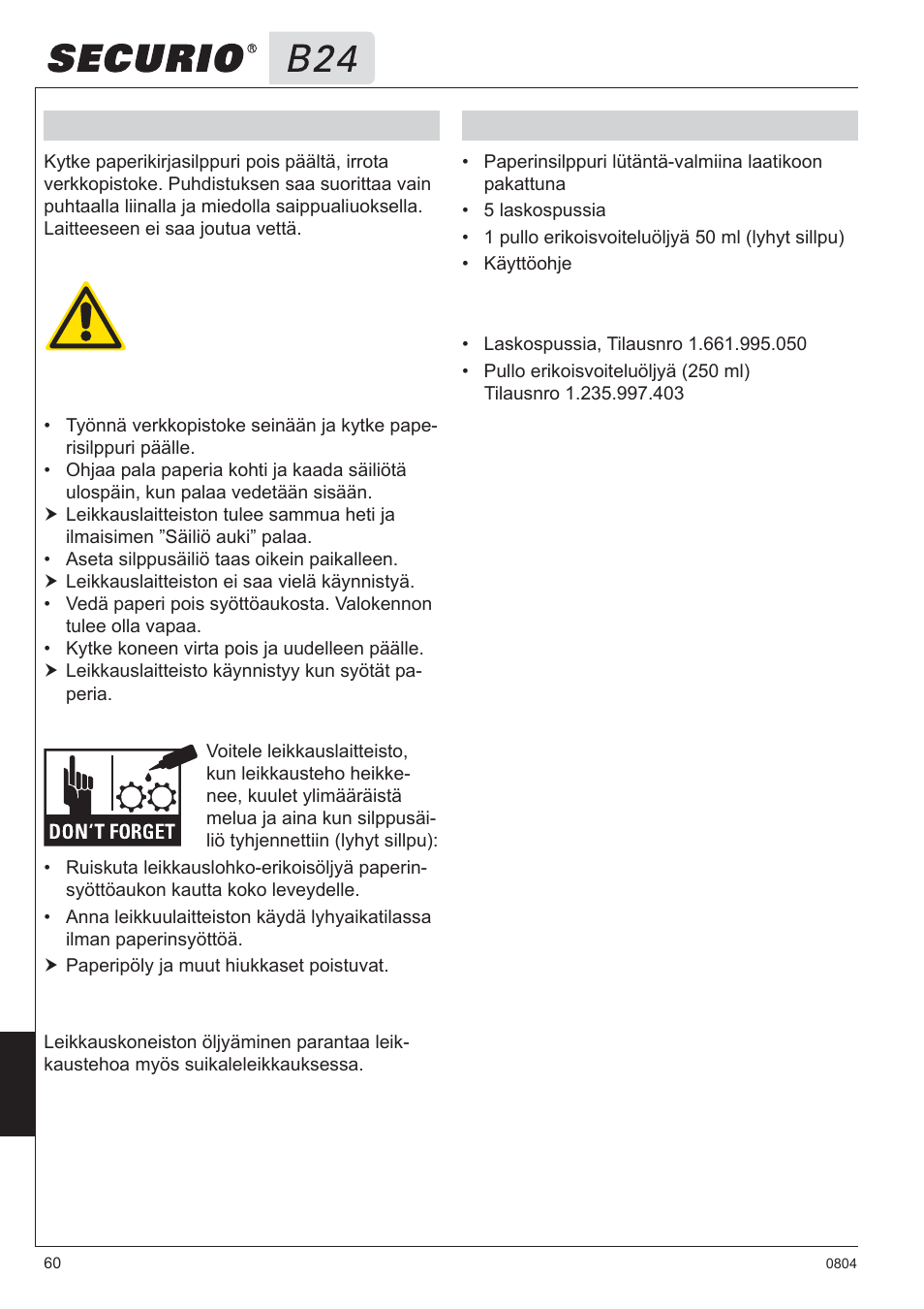 6 puhdistus ja huolto, 7 toimituksen sisältö | HSM Securio B24 User Manual | Page 60 / 67