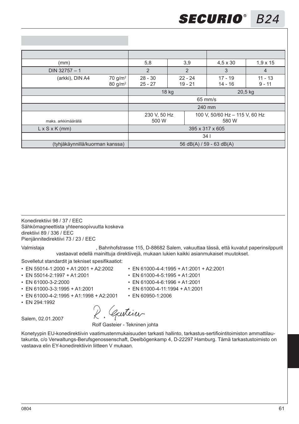 8 tekniset tiedot, Eu vaatimustenmukaisuusvakuutus | HSM Securio B24 User Manual | Page 61 / 67