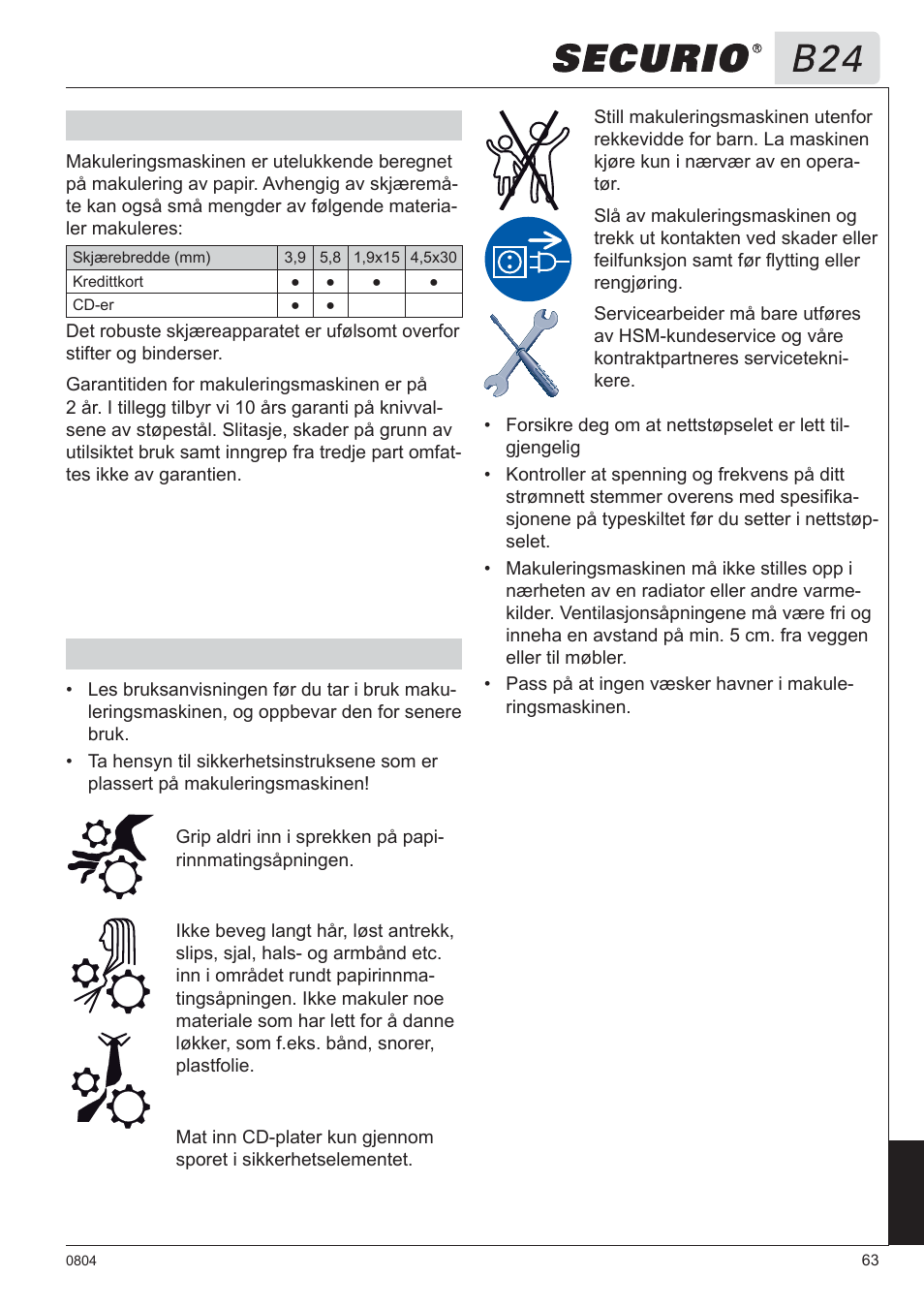 1 tiltenkt bruk, garanti 2 sikkerhetsinstrukser | HSM Securio B24 User Manual | Page 63 / 67