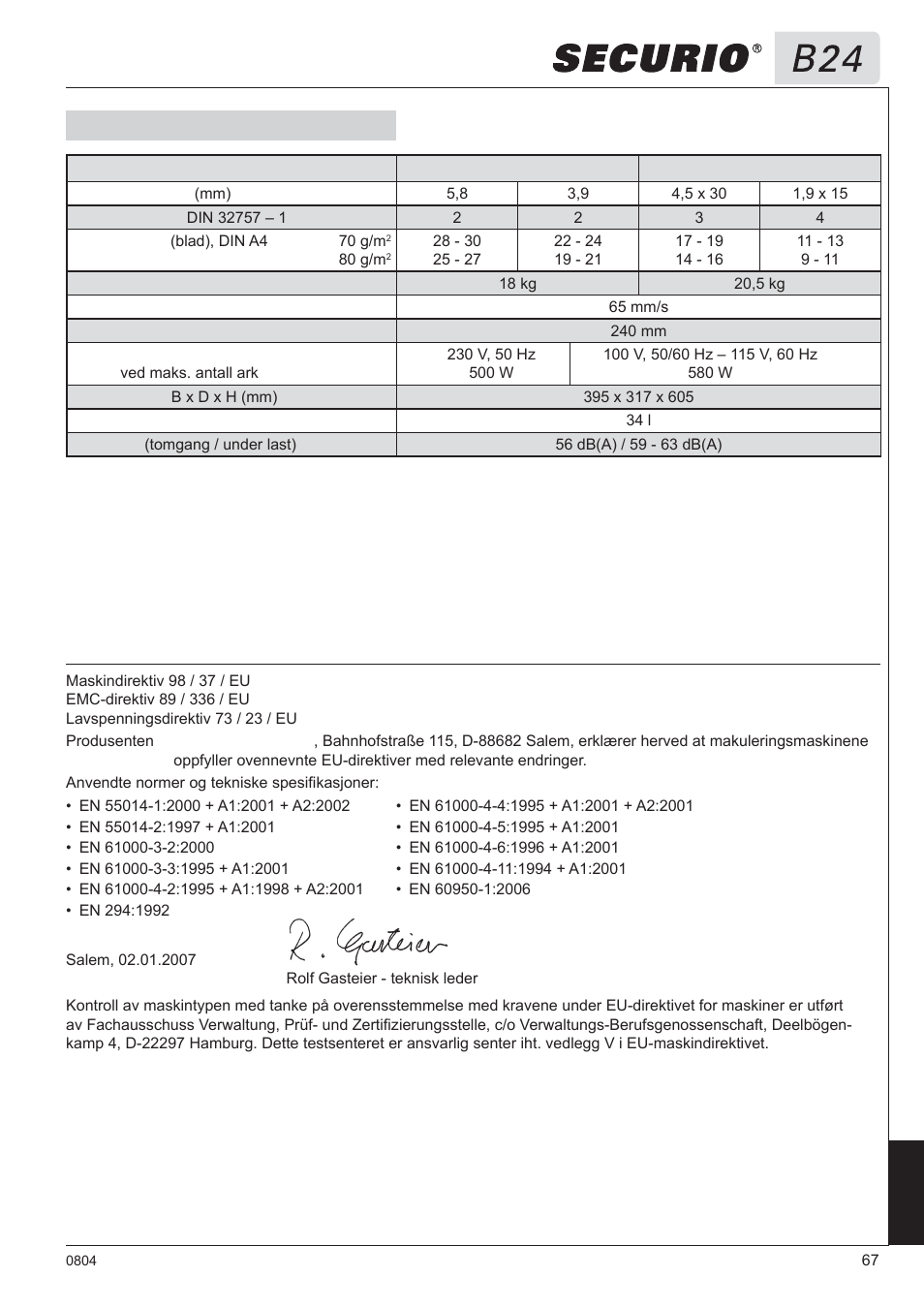 8 tekniske data, Eu-samsvarserklæring | HSM Securio B24 User Manual | Page 67 / 67